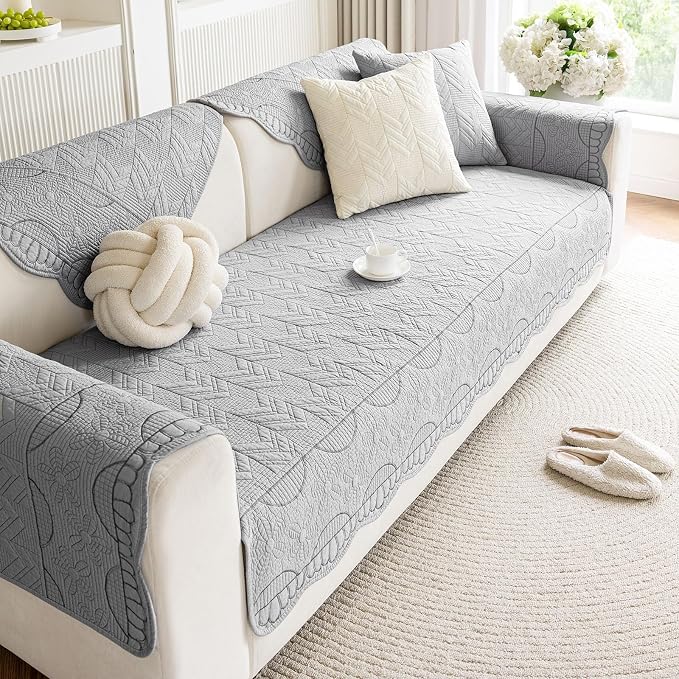 Cotton Quilted Pet Couch Covers for Sofa Farmhouse Rustic Floral Embroidery Sectional Couch Cover Soft Anti-Slip Sofa Slipcover Furniture Protector for Kids, Dogs, Pets (Grey,43"x94") - Image 5