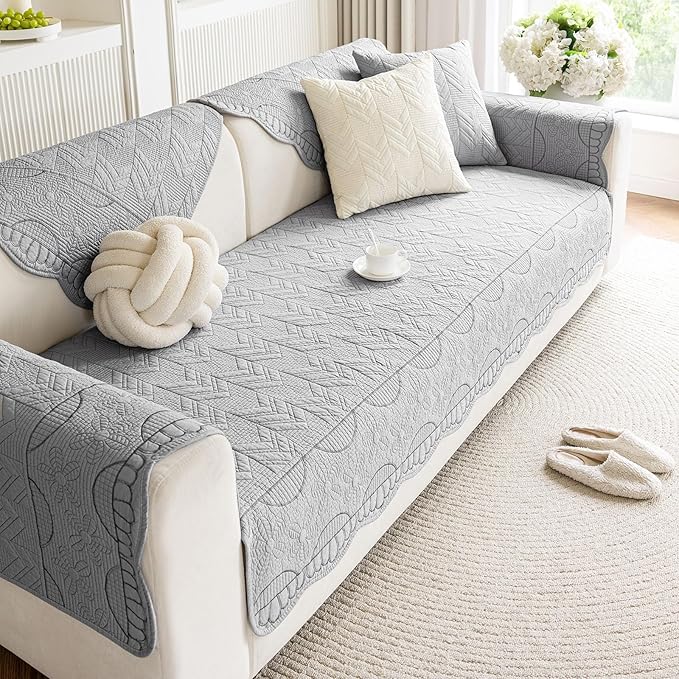 Cotton Quilted Pet Couch Covers for Sofa Farmhouse Rustic Floral Embroidery Sectional Couch Cover Soft Anti-Slip Sofa Slipcover Furniture Protector for Kids, Dogs, Pets (Grey,36"x47") - Image 5