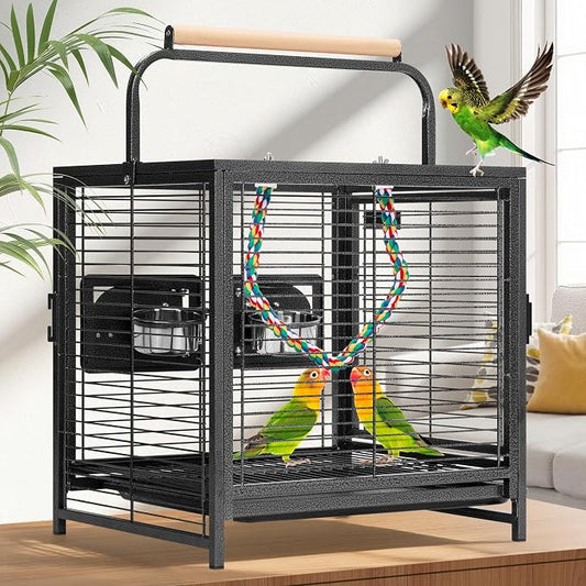 VIVOHOME 19 Inch Wrought Iron Travel Bird Cage for Cockatiel Parakeets | Bird Travel Carrier Cage with Wooden Handle/Perch, Slide-out Tray for Small Parrots Conures Lovebirds Canaries Finches, Black by VIVOHOME