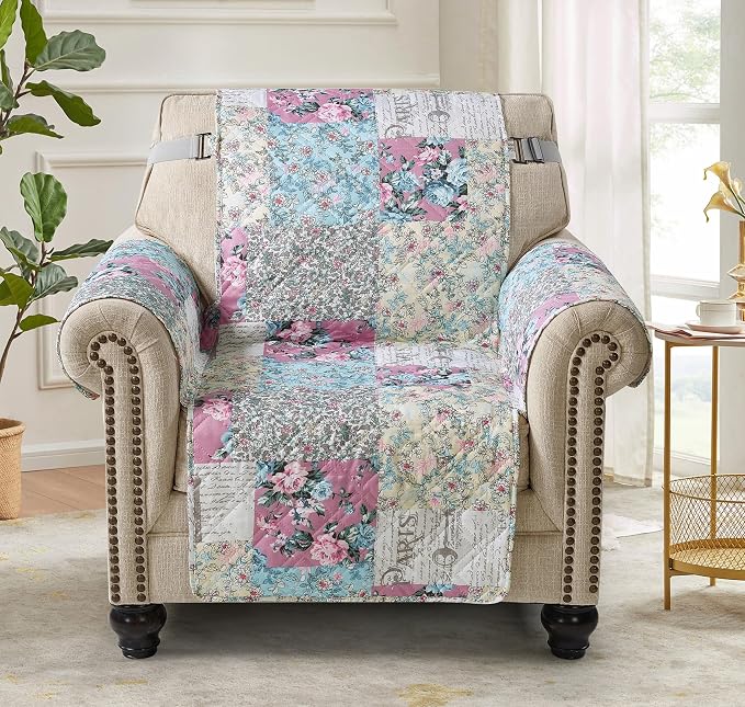 Brilliant Sunshine Lilac and Egg Blue Rose Toile Armchair Cover, 23" seat | Traditional Patchwork Design, Non Slip Sofa Cover, Quilted Furniture Protector, Washable Chair Slipcover for Pets, Dogs - Image 3