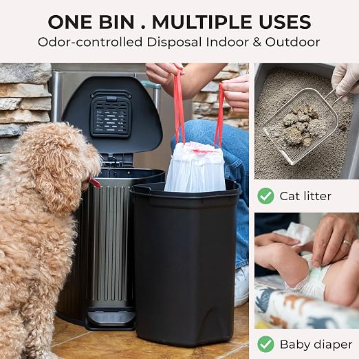 Dog Poop Trash Can Outside with Lid – 12L Stainless Steel Outdoor Trash Can with Reusable Charcoal Filter, Step-On Pedal & Bag Dispenser – Dog Waste Station, Cat Litter Trash Can & Diaper Pail - Image 4