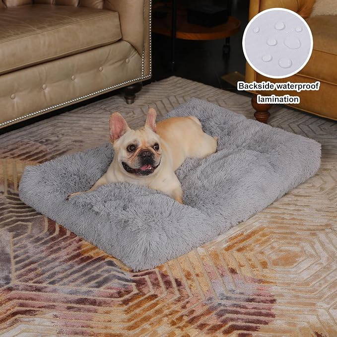 Bedfolks Waterproof Dog Crate Pad, Plush Dog Kennel Bed - Faux Fur, Washable - 35"x23", Solid Light Grey - Image 2