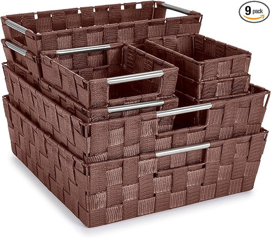 Sorbus Set of 9 Woven Storage Baskets – Mesh Hand-Woven Baskets for Organizing, Fabric Storage Bins for Linen Closet Organizer, Storage Baskets for Shelves, Home Organization and Decor (Chocolate) by Sorbus