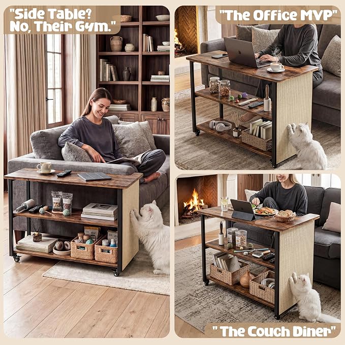 2-in-1 Cat Scratch Couch Side Table with Wheels,Couch Protector from Cat Claws,Sofa Narrow End Table with Natural Sisal Cat Scratch Panel for Living Room (Rustic Brown, Right) - Image 4