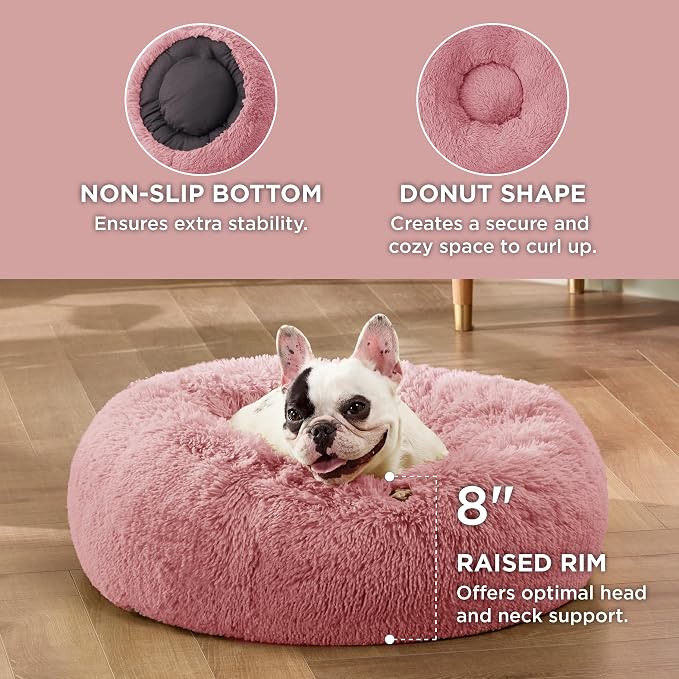 Bedsure Calming Small Dog Bed Donut Washable Cat＆Puppy Bed,23 inches | Fluffy Faux Fur Round Cuddler,Anti-Slip Bottom,Anti-Anxiety,Deep Sleeping for Large Cat & Pets Up to 25 Lbs,Mauve Blush - Image 3