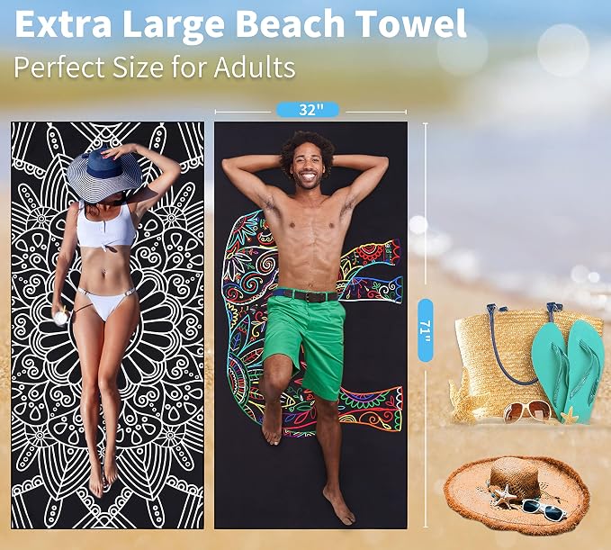 Microfiber Beach Towel Oversized 71x32, Thin, Black with Bag 2 Pack | Lightweight Sand Free Absorbent Quick Dry Compact Extra Large for Adult Travel Camping Pool Swim Bath Cruise Essentials Gift - Image 4