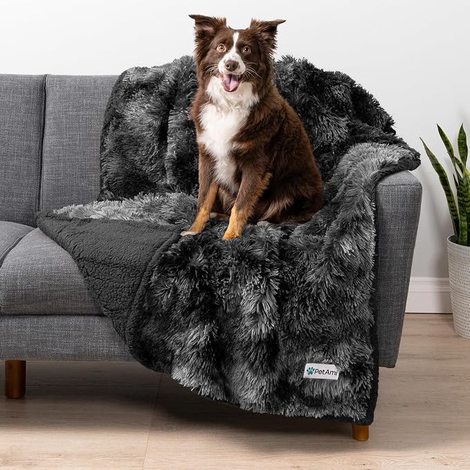 PetAmi Waterproof Dog Blanket for Couch, Bed & Furniture,Reversible Sherpa & Faux Fur Pet Blanket, Leakproof Blanket for Dog Cat, Soft Washable Couch Protector Calming Throw (40x60, Tie-Dye Black) by PetAmi