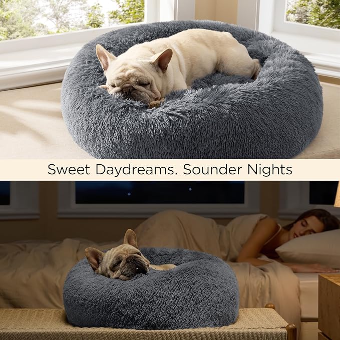 Bedsure Calming Small Medium Dog Bed Donut Washable Puppy Bed,27ins | Fluffy Faux Fur Round Cuddler,Anti-Slip Bottom,Anti-Anxiety,Deep Sleeping for Pets Up to 35 Lbs,Dark Grey - Image 4