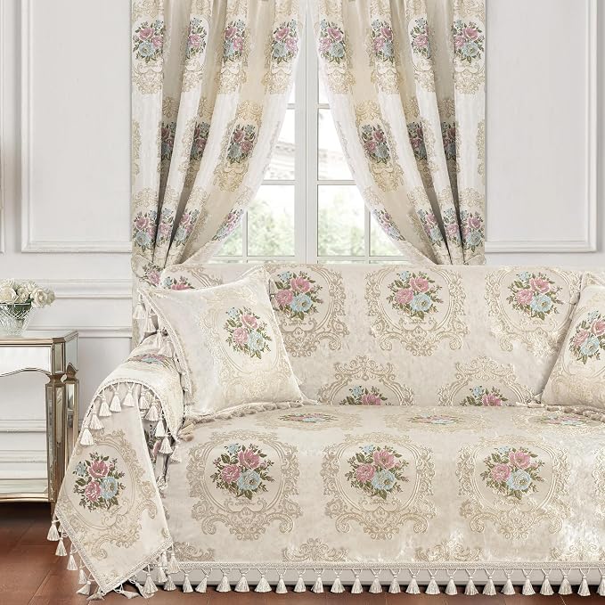 Loom and Mill Jacquard Floral Sofa Couch Covers, Pearly Beige, 71"x118" | Elegant Damask Sofa Throw Cover with Tassels for 2-3 Cushion Couch, Sectional Couch Cover Sofa Slipcover for Dogs Pets by LoomandMill