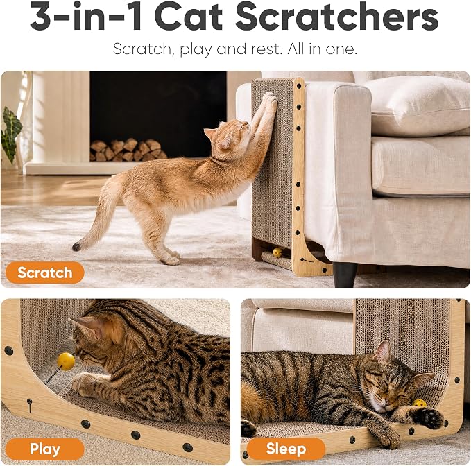 FUKUMARU Cat Scratcher 2 Packs, 25 Inch Cat Scratching Boards, L Shaped Pad | Cardboard Cat Scratcher for Indoor Cats, Vertical Scartch Pads with Ball Toy, Kitten Scratching Post Wall, Wood Color - Image 3