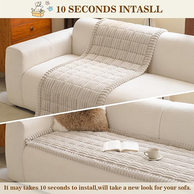 MYSKY HOME Couch Covers for 3-4 Cushion Sofa Pet Friendly, Couch Cover for Dogs, Sofa Covers for Pets Washable, Soft Non-Slip Sofa Slipcovers Furniture Protector Covers, Oatmeal, 27.6" x 82.7" - Image 8