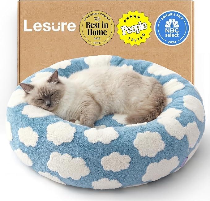 Lesure Shown on TV Donut Cat Beds for Indoor Cats - Small Round Dog Bed for Calming Pets as Gift with Washable Cover, Cute Modern Puppy Bed with Jacquard Shaggy Plush & Anti Slip Bottom, 20 Inch, Blue by Lesure