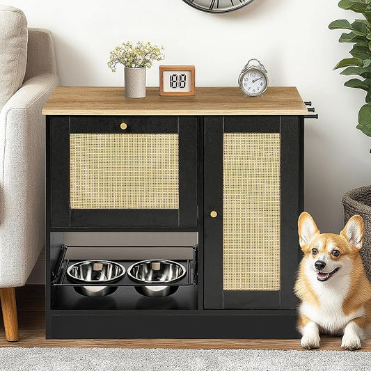 Feeding Station with 2 lockers, pet Feeding Station with 2 Elevated Dog Bowls, Side Hooks, Anti-Tipping kit, Hidden pet Feeding Station for Feeding and Watering, Rattan Door, Black by Flieghund