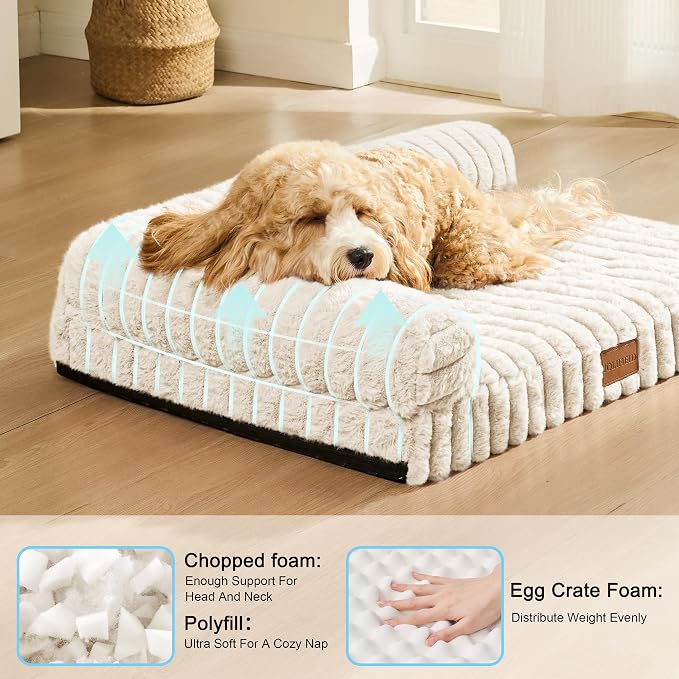 Orthopedic Calming Large Dog Bed Pet Sofa Bed 48''X30'' Ivory | 2-Sided Pet Couch Large Sized Dog, Soft Egg-Crate Foam Dog Mat, Waterproof Removable Washable Cover, Nonskid Bottom Cat Bed - Image 4