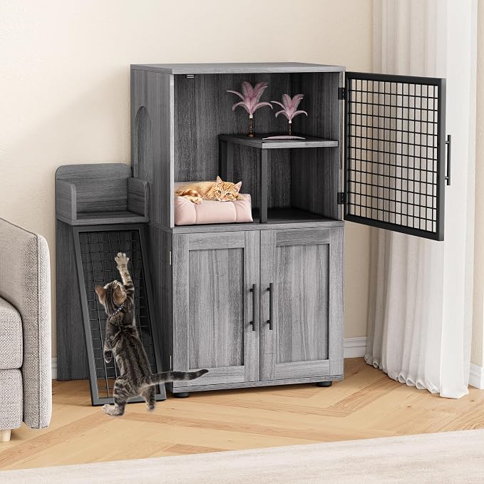 IDEALHOUSE Modern Cat Litter Box Enclosure with Platform, Double Layer Hidden Litter Box, Indoor Washroom, Villa Cat House with Ladder, 33.5" l x 17.9" w x 41.9" h,Dark Grey - Image 5