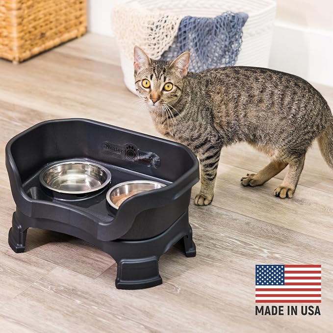 Neater Feeder Deluxe Mess-Proof Elevated Cat Bowls, 2 Height Adjustable (6” & 7.5”) No-Spill Raised Cat Bowl Stand, Whisker Friendly Stainless Steel Dishes for Indoor Cats, Made in USA, Black - Image 2