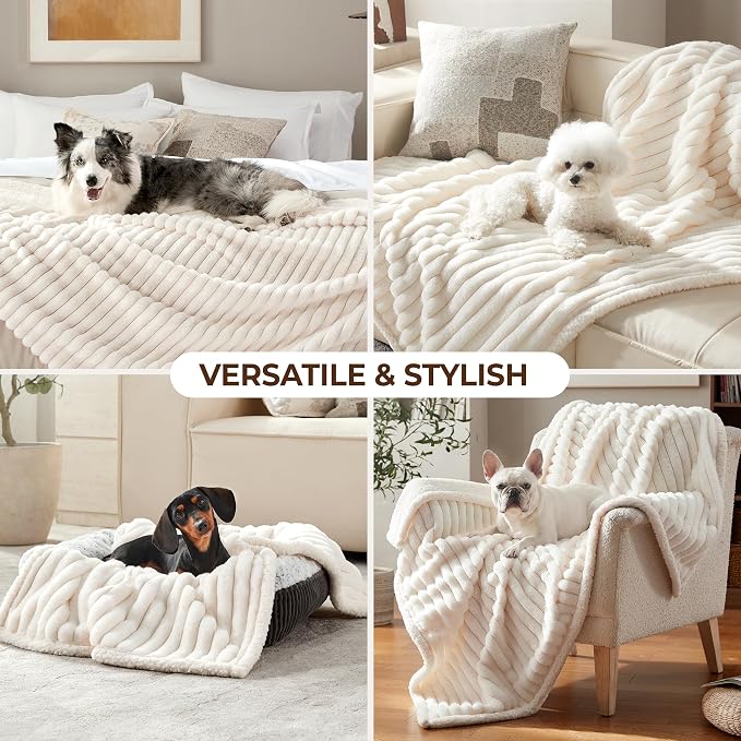 Waterproof Dog Blanket for Extra Large Dogs, Soft Corduroy Fleece Pet Blanket Washable, Dual-Sided Cat Blankets for Furniture Protection, Reversible Cozy Calming Couch Blanket, 60"x80", Cream - Image 4
