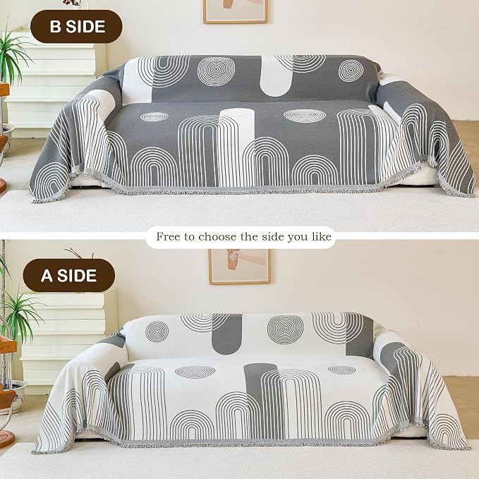 VANJOROY Boho Couch Sofa Cover for 3 Cushion Sectional Sofa L-Shape -Washable Chenille Couch Cover for Dogs Pets, Boho Couch Cover Protector Soft Grey Sofa Slipcovers with Tassel,91"x 134" - Image 2