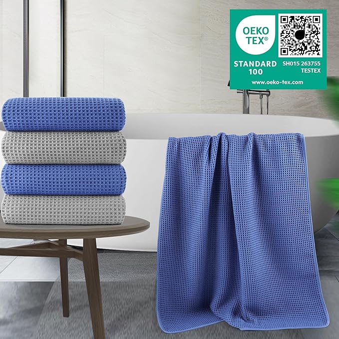 POLYTE 430 GSM Microfiber Oversize Quick Dry Lint Free Bath Towel, 60 x 30 in, 4 Pack (Waffle Weave) - Image 3