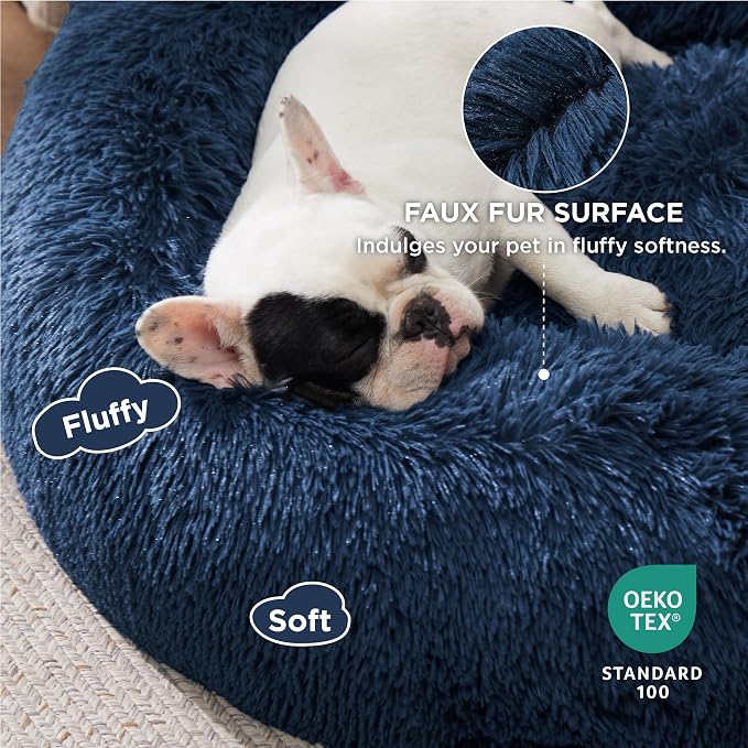 Bedsure Calming Small Dog Bed Donut Washable Cat＆Puppy Bed,23 inches Navy | Fluffy Faux Fur Round Cuddler,Machine Washable,Anti-Slip Bottom,Anti-Anxiety,Deep Sleeping for Large Cat & Pets Up to 25 Lbs - Image 2