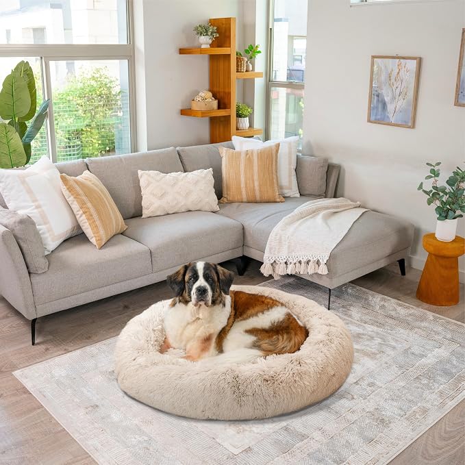 Best Friends by Sheri The Original Calming Donut Dog Bed for Extra-Large Dogs up to 150 lbs, Shag Faux Fur, Taupe, 45" x 45" - Image 7