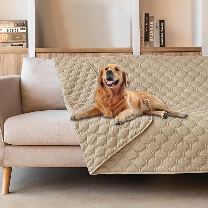 gogobunny 3X Stronger Waterproof Pet Blanket, Scratch Proof Furniture Protector for Dogs Cats, Reversible Cover 82x82 Inch, Dark Beige by gogobunny