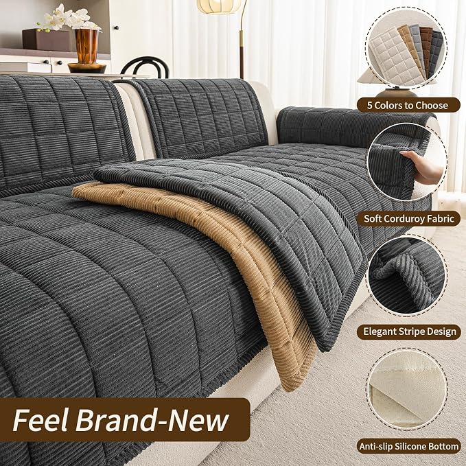 Velvet Couch Covers for Sectional Sofa Washable, Non-Slip L Shaped Sectional Couch Cover, Soft Pet Couch Covers for Sofa, Furniture Slipcovers for 2-3 Cushion Couch(1PC,35"x71",Dark Grey) - Image 4