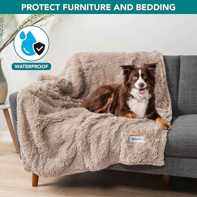 PetAmi Waterproof Dog Blanket for Couch, Bed & Furniture,Reversible Sherpa & Faux Fur Pet Blanket, Leakproof Pet Blanket for Large Dog Cat, Washable Soft Calming Sofa Protector Throw (60x80, Taupe) - Image 2