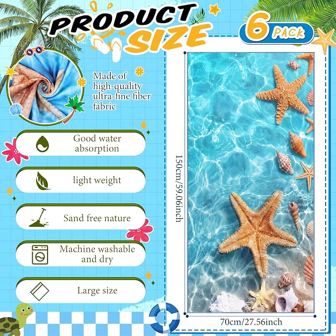 Remagr 6 Pcs Oversized Microfiber Beach Towels Bulk 60"x 28" Extra Large Quick Dry Absorbent Sand Free Towels for Adults, Pool, Travel, Swim, Yoga, Gym (Oceans and Animals) - Image 2