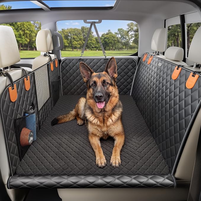 Hard Bottom Dog Car Seat Cover, Back Seat Extender with Washable Mat, L | Military-Grade Protection, 650LB Support, 45% More Space for Large Dogs, Waterproof, Mesh Window, Fits SUVs & Sedans by DOGLIKE%C2%AEUS