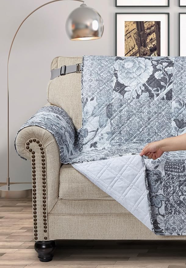 Brilliant Sunshine Multi Grey Flowers Couch Armchair Cover, 23" seat | Patchwork Design, Non Slip Sofa Cover, Quilted Furniture Protector, Washable Chair Slipcover for Pets, Dogs & Cats - Image 3