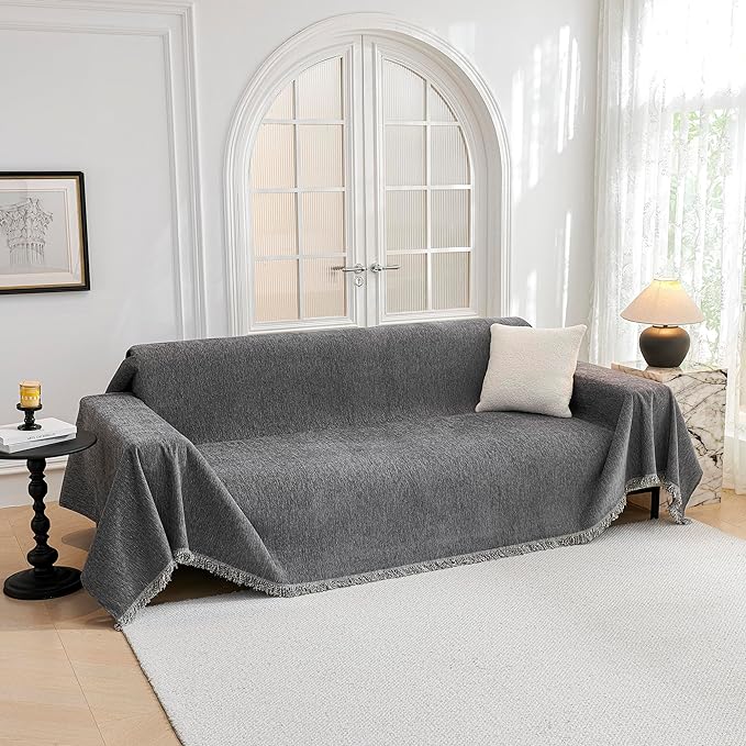 MYSKY HOME Couch Cover for Dogs Washable, Couch Covers Couch Covers for Dogs Couch Cover 2 Cushion Sofa Non Slip Dog Furniture Protector with Tassels Chenille Sofa Covers for Pets, 71"x102", Dark Grey by MYSKYHOME