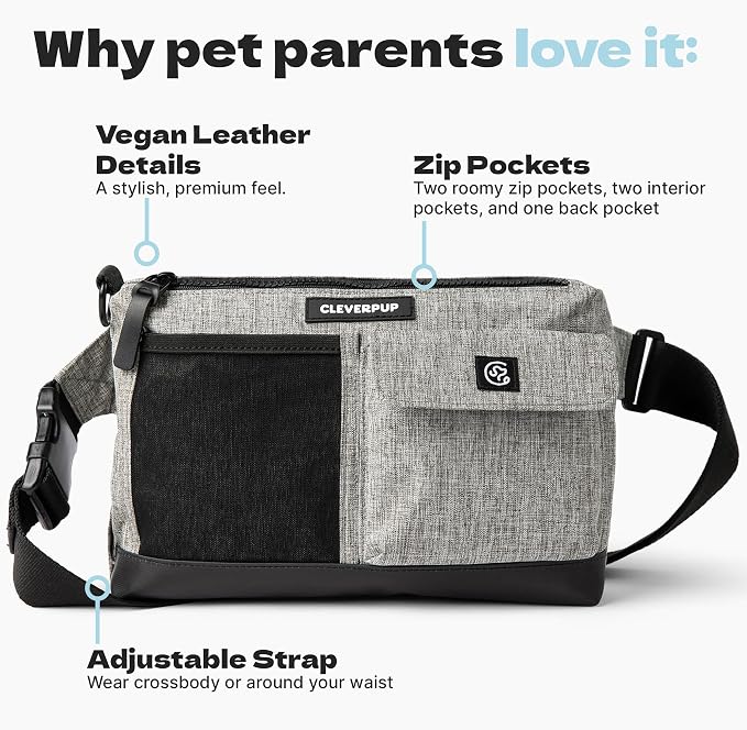 Cleverpup Walk & Train 2-in-1 Dog Walking Bag - Hands-Free Training Crossbody Sling & Fanny Pack with Treat Pouch, Poop Bag Holder, Phone Pockets - Adjustable Waist or Shoulder Strap - Heather Grey - Image 3