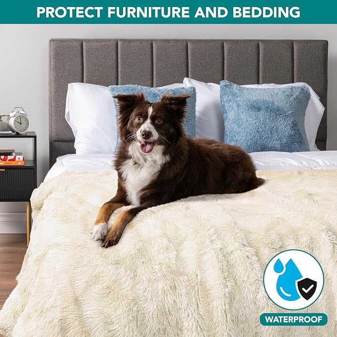 PetAmi Waterproof Dog Blanket for Couch, Queen Bed & Furniture,Reversible Sherpa & Faux Fur Pet Blanket, Leakproof Throw for Large Dog Cat, Washable Soft Calming Sofa Protector (90x90, Cream Beige) - Image 2