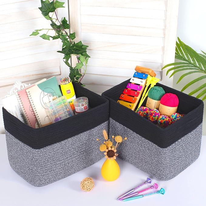 MINTWOOD Design 3-Pack Storage Baskets for Shelves, Playroom and Classroom Storage Basket, Book Basket, Decorative Storage Cube Bins, Woven Closet Organizers, Pantry and Shoe Organizer, Black Grey Mix - Image 3