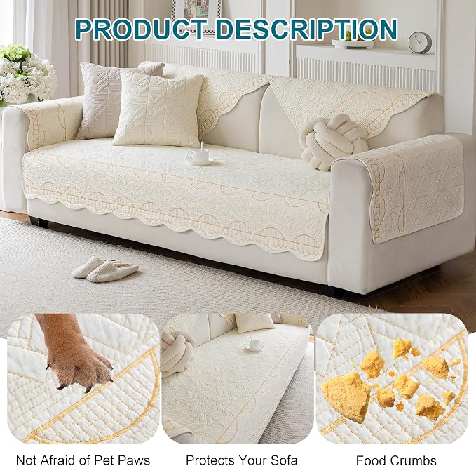 KRFOONN Cotton Quilted Dog Couch Cover for Sofa (01, 27.6" x 70.9") | Farmhouse Embroidery Sectional Couch Cover Washable, Soft Non Slip Sofa Slipcover Cushion Furniture Protector for Kids, Pets - Image 6
