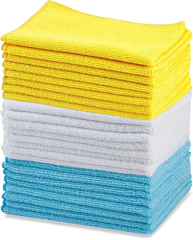 Amazon Basics Microfiber Cleaning Cloths, Ultra Absorbent, Lint Free, Streak Free, Non-Abrasive, Reusable and Washable, 16" x 12", Blue/White/Yellow, Pack of 24 by AmazonBasics
