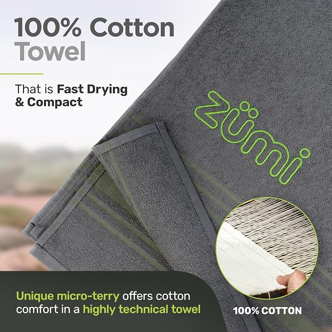 Zumi MINI 100% Cotton Camping Travel Towel - Small, Ultralight, Fast Drying, Highly Absorbent, Soft and Gentle on the Skin, Safe for the Planet (28"x13" Gray) - Image 2