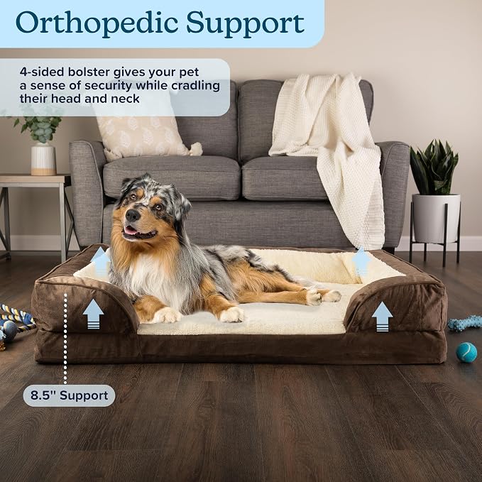 PETMAKER Orthopedic Dog Bed - 42in Dog Couch Bed with Supportive Wraparound Bolster and Removable Washable Cover - Egg-Crate Foam Extra Large Dog Bed for Pets up to 65lbs - Dog Products (Brown) - Image 2