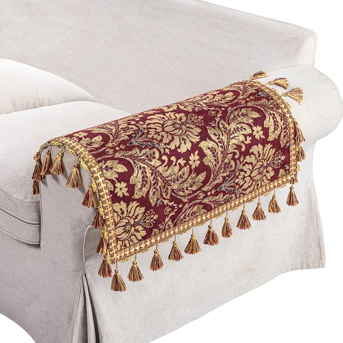 Loom and Mill Luxury Jacquard Sofa Arm Covers 2 PCS, Burgundy Red, 14x14in | Elegant Damask Couch Armrest Cover with Tassels, Non-Slip Furniture Protector for Chair Sofa Recliners Couch Dogs Pets - Image 6