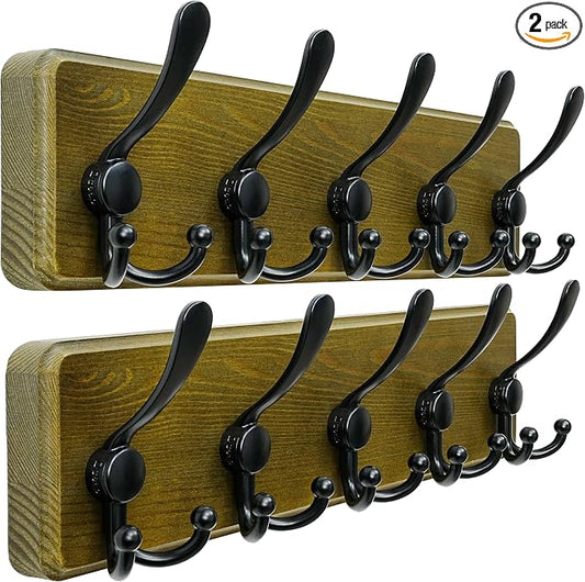 Dseap Coat Rack Wall Mount - Heavy-Duty Robust Barnwood-Style Wooden Wall Coat Hanger Hook Rail with 5 Triple Hooks for Winter Coats Hat Jacket Clothing, Weathered Green & Black, Pack of 2 by Dseap