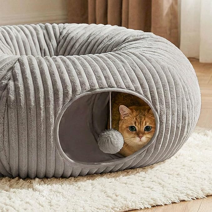Cat Tunnel Bed for Indoor Cats, Peekaboo Cat Cave Bed,Soft Cat Donut Tunnel for Kitten Large Cats, Grey - Image 3