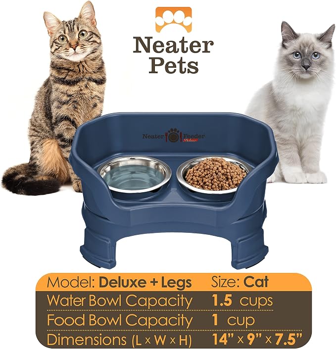 Neater Feeder Deluxe Mess-Proof Elevated Cat Bowls, 2 Height Adjustable (6” & 7.5”) No-Spill Raised Cat Bowl Stand, Whisker Friendly Stainless Steel Dishes for Indoor Cats, Made in USA, Dark Blue - Image 4