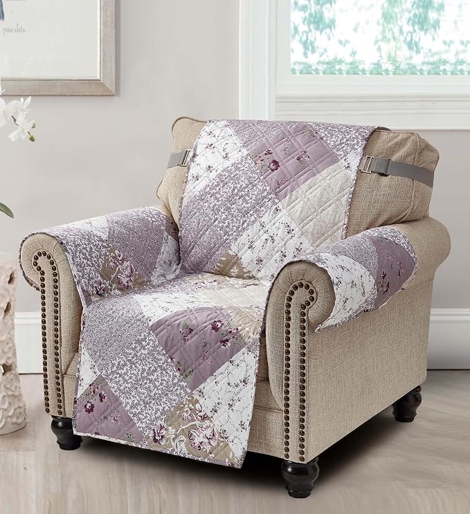 Brilliant Sunshine Lilac & Beige Roses Couch Armchair Cover, 23" seat | Patchwork Design, Non Slip Sofa Cover, Quilted Furniture Protector, Washable Chair Slipcover for Pets, Dogs & Cats by BrilliantSunshine