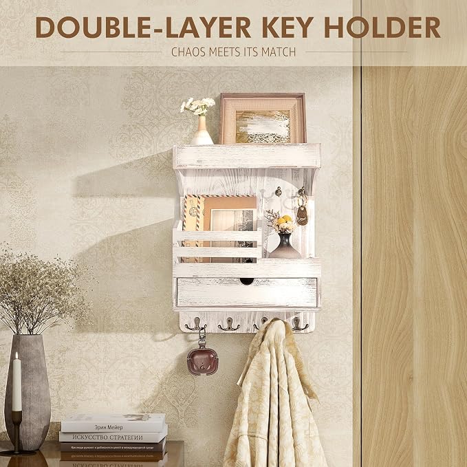 Rebee Vision Key Holder Wall Mount with Drawer for Home Decor, Whitewash | Pine Wood, Key Holder for Wall, 6 Rustic Hooks, Floating Shelf, Drawer Organizer, Mail Organizer, Chic Home Decor, Storage - Image 3