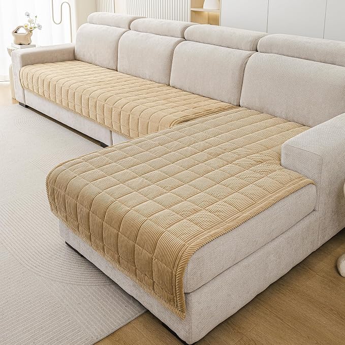 Velvet Couch Covers for Sectional Sofa Washable, Non-Slip L Shaped Sectional Couch Cover, Soft Pet Couch Covers for Sofa, Furniture Slipcovers for 3 Cushion Couch(1PC,35"x83",Light Brown) - Image 2