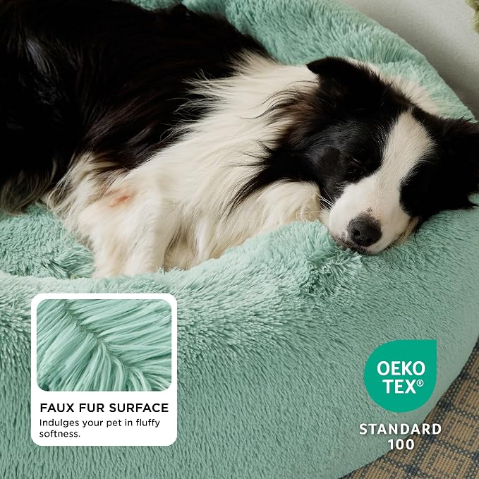 Bedsure Calming Dog Beds Large Sized Dog Donut Washable Pet Bed,36ins | Fluffy Faux Fur Round Cuddler,with Removable Washable Cover,Anti-Slip Bottom,Anti-Anxiety,for Pets Up to 80 Lbs,Apple green - Image 2