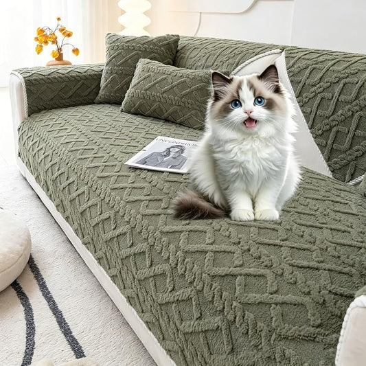 OTOB Couch Covers for Dogs Washable, Non Slip Geometric Jacquard Plush Sofa Slipcovers Furniture Protector, All Seasons Pet Couch Covers for 3 Cushion Couch Sofa, 1 Piece (Dusty Green, 35.4"x82.7") by OTOB