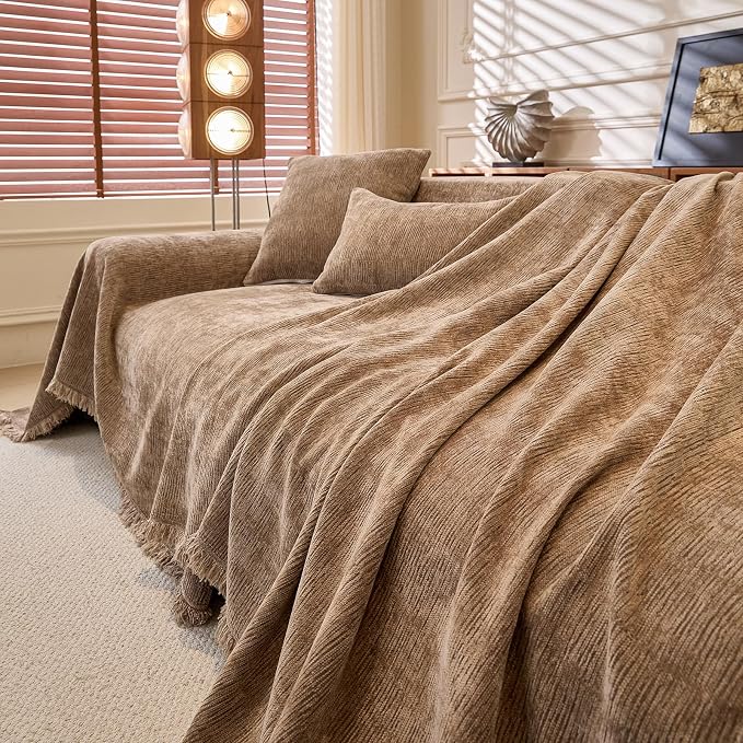 Solid Brown Chenille Sofa Cover for 3-4 Cushion Couch, Tassel Design | Boho Chenille Couch Throw Cover for Cat Proof Multifunctional Anti-slip Furniture Protector for Pets,Sofas, XX-Large - Image 8