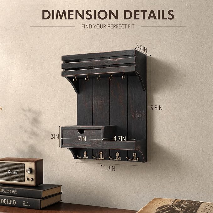Rebee Vision Key Holder Wall Mount with Shelf for Entryway,Distressed Black | Pine Wood, Key Holder for Wall, 9 Key Hooks, Plant Display, Drawer Organizer, Mail Organizer for room, Home Decor Aesthetic - Image 4
